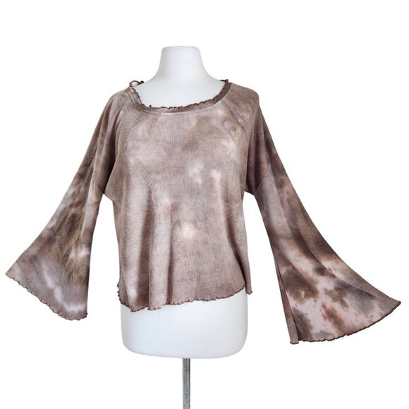 Entro Taupe Brown‎ Tie Dye Bell Sleeve Top Size Small Waffle Knit Long Sleeve - Picture 1 of 11